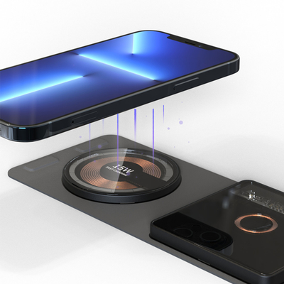 2.5D Tempered Transparent Glass Mirror Smart Qi Fast Charge 2 In 1 Dual Wireless Charger